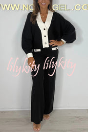 Fashion Contrast Color V-neck Loose Cardigan and Elastic Waist Casual Pants Set