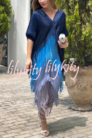 Fashionable Color-blocked Multi-layered Tassel Loose Midi Dress