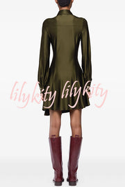 Marvis Button-embellished Long Sleeve Asymmetrical Drape Shirt Midi Dress