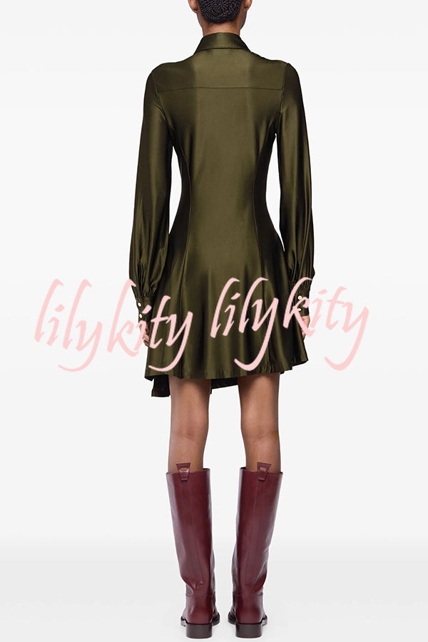 Marvis Button-embellished Long Sleeve Asymmetrical Drape Shirt Midi Dress