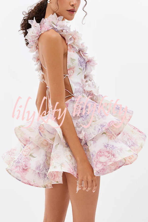 Floral Print V-neck Halter Back Tie Double Layer Mini Dress
