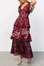 Solid V-neck Ruffled Sleeves Cinched Waist Maxi Dress