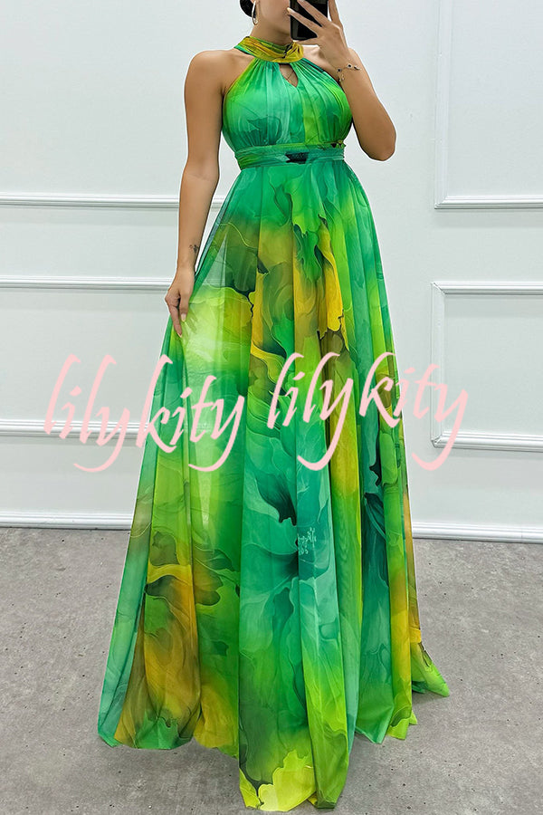 Elaine Tulle Floral Splash Print Cutout Halter Tie-up Neck Gown Maxi Dress