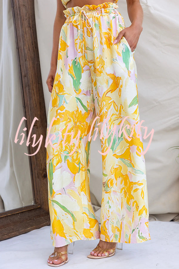 Soleila Floral Print One Shoulder Tie-up Crop Top and Elastic Waist Pocket Loose Pants Set
