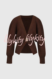 Only Yours Knit Metal Leaf Shape Button Lantern Sleeve Relaxed Cardigan