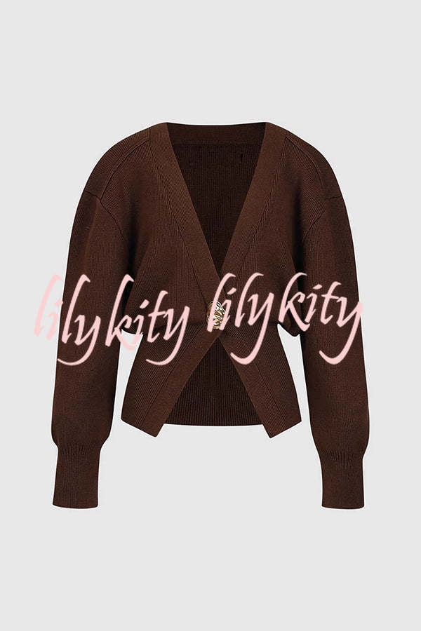 Only Yours Knit Metal Leaf Shape Button Lantern Sleeve Relaxed Cardigan