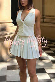 Sexy V-neck Sleeveless Vest and Pleated Mini Skirt Set