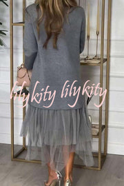 Taylor Knit High Neck Zip Top Patchwork Layered Tulle Loose Midi Dress