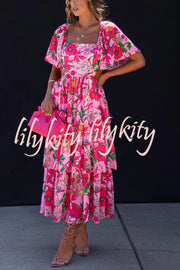 It's All Special Floral Cutout Waist Tiered Midi Dress