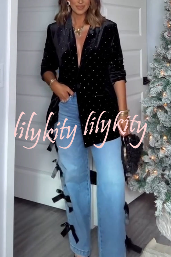 Runway Muse Denim High Rise Bow Trim Pocketed Wide Leg Jeans