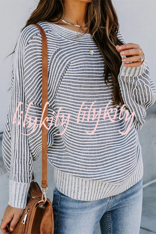 Knitted Striped Round Neck Dolman Sleeve Casual Loose Sweater