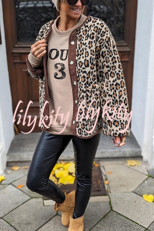 Warm Feel Colorblock Leopard Print Plush Button Up Pocketed Teddy Jacket