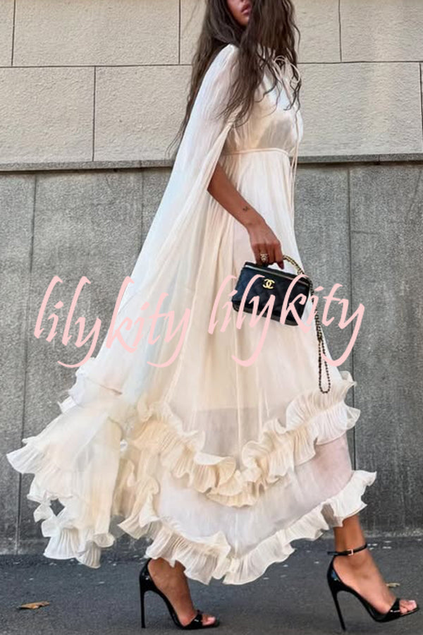 Fashionable V-neck Lace-up Ruffled Double-layer Hem Maxi Dress