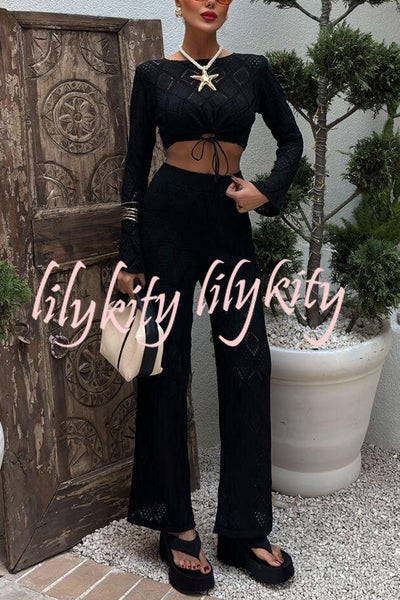 Solid Color Hollow Short Long-sleeved Top and Casual Stretch Wide-leg Pants Knitted Set