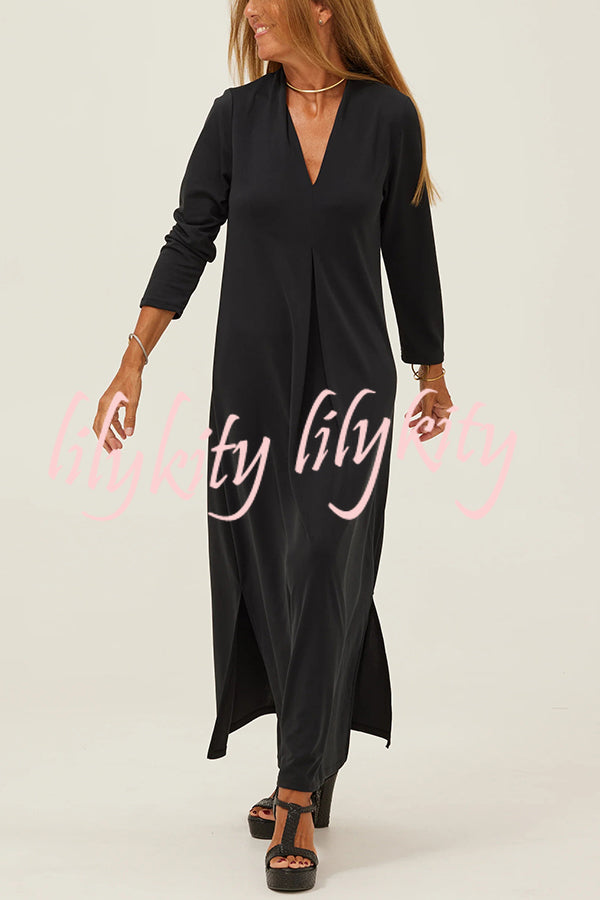 Solid Color V-neck Casual Slit Maxi Dress