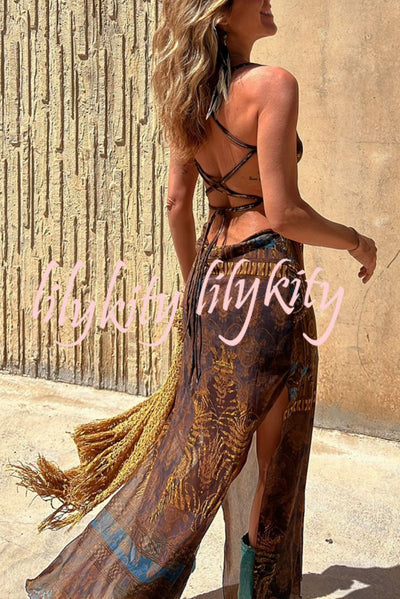 Gypsy Style Unique Print Cowl Neck Back Lace-up Slit Midi Dress