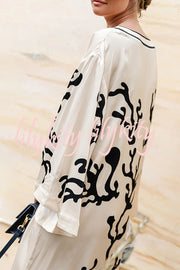 Exotic Locales Satin Unique Print Cutout Neck Wide Sleeve Kaftan Midi Dress