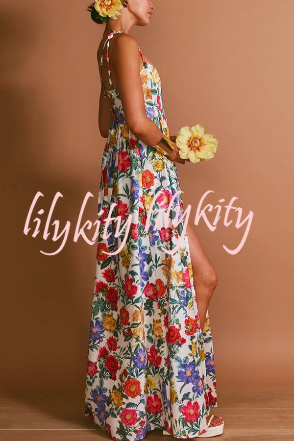 Garden Wedding Floral Print Back Tie-up Pocketed Slit Maxi Dress