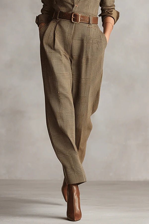 Retro Plaid Print Casual Pocket High-waisted Jumpsuit