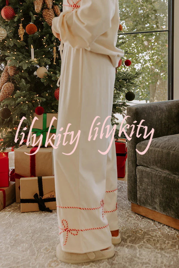 Candy Cane Cutie Loose Bow Tie Long-Sleeved Sweatshirt and Elastic Waist Pocket Pants Set