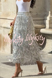 Evening Charm Layered Sequined Tassels High Rise Back Zipper Slit Midi Skirt