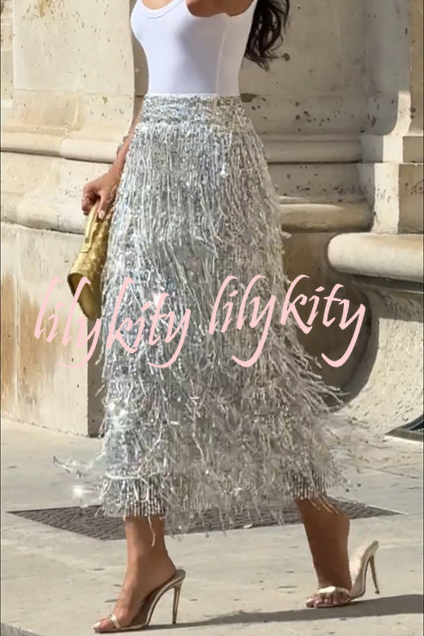 Evening Charm Layered Sequined Tassels High Rise Back Zipper Slit Midi Skirt