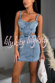 Picilo Denim Sweetheart Neck Cutout Waist Stretch Mini Dress