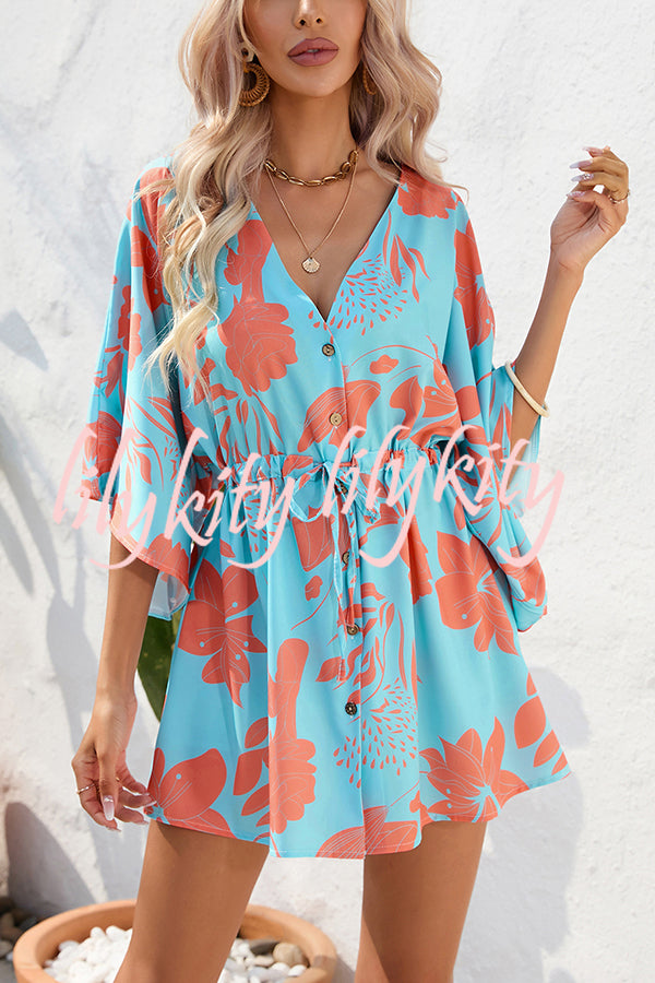 Botanical Print Button Drawstring Waist Dolman Sleeve Loose Romper