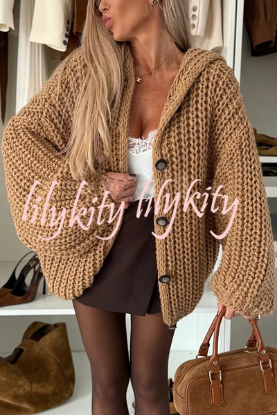 Warm Day Knit Button Up Long Balloon Sleeve Hooded Loose Cardigan