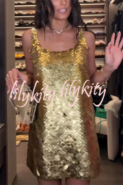 Golden Charm Impact Large Sequins Scoop Neck Tank A-line Mini Dress