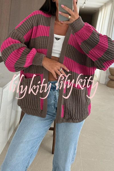 Fashionable Patchwork Striped Casual Pocket Knitted Sweater