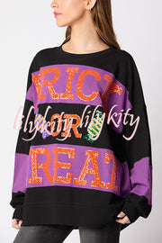 Halloween Letter Sequined Color Block Loose Casual Sweatshirt