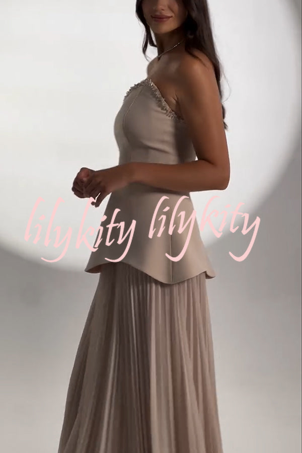 Capture The Moment Gem Trim Pleated Hem Strapless Maxi Dress