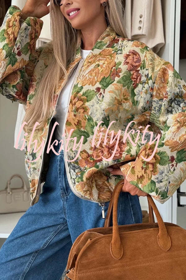 Floral Print Loose Long-sleeved Zip-up Jacket