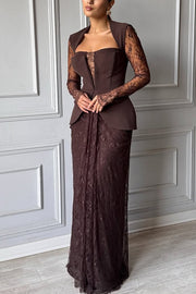 Belle Contrast Sheer Lace Fabric Patchwork Square Neck Long Sleeve Drape Maxi Dress
