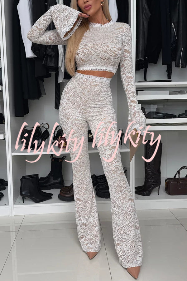 Sexy Charming Lace Bell Sleeve Crop Stretch Top and High Waist Stretch Flared Pants