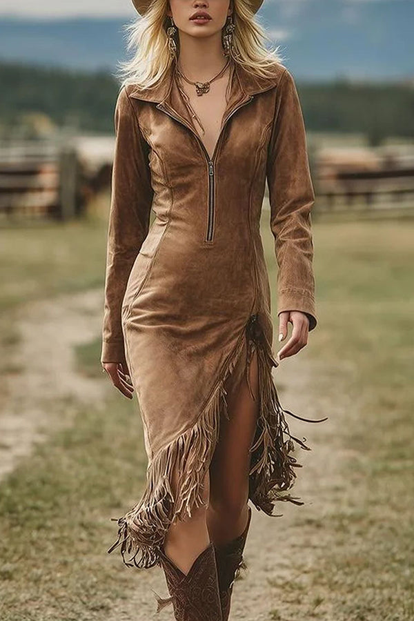 Fashionable Suede Long-sleeved Irregular Tassel Hem Slim Midi Dress