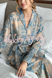 Unique Print Long-sleeved Tie Shirt and Elastic High-waist Wide-leg Pants Set