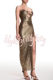 Amisha Metallic Pleated Shell Cups Hollow Gold Pendant Strapless Drape Slit Maxi Dress