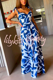 High Waisted Strappy Floral Print Halter Panel Maxi Dress