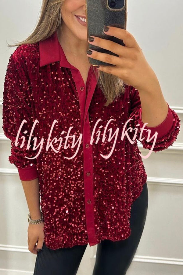 Fashion Velvet Sequined Loose Casual Long-sleeved Shirt