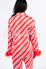 Christmas Party Striped Print Pocket Feather Elastic Waist Pajama Set