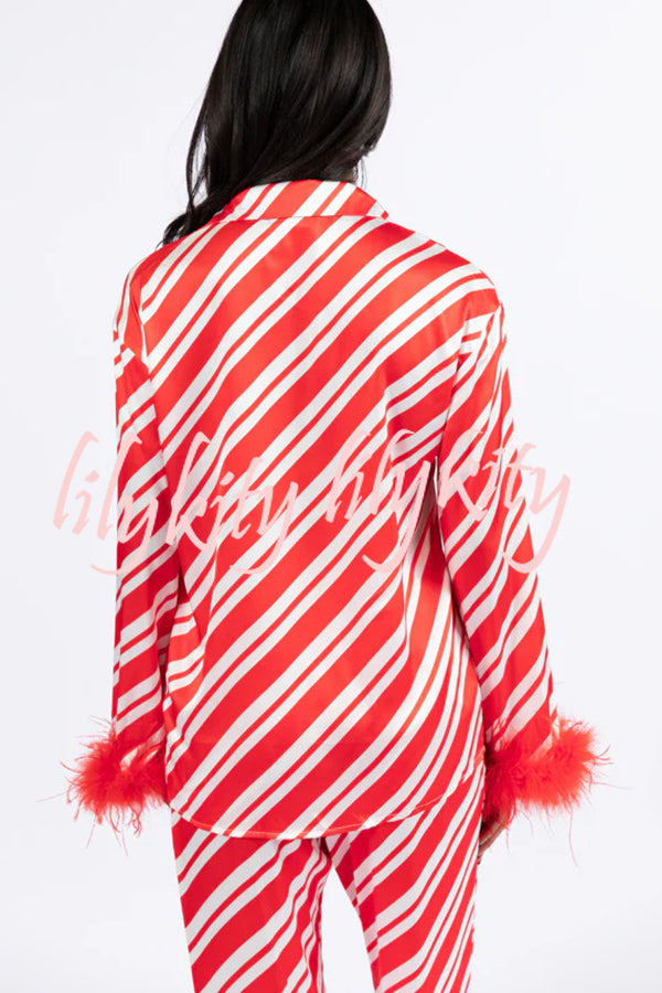 Christmas Party Striped Print Pocket Feather Elastic Waist Pajama Set