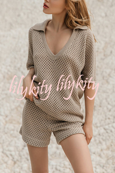 Fashion Hollow V-neck Short-sleeved Top and Elastic Waist Casual Shorts Set