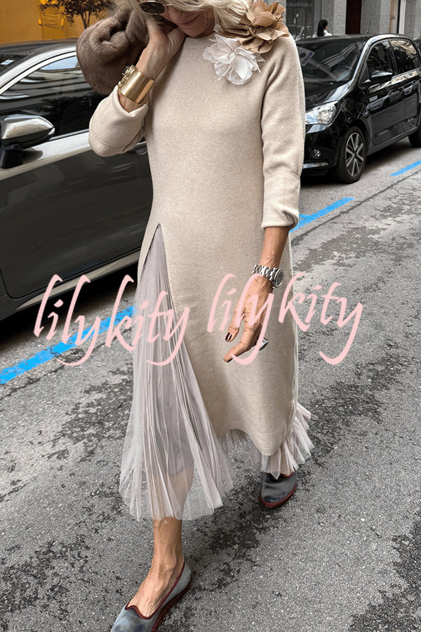 Jollie Knit Long Sleeve Front Slit Midi Sweater and Pleated Tulle Stretch Tank Midi Dress Two-piece Set