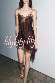 Elouise Satin Lace Trim V-neck Asymmetrical Hem Slip Mini Dress