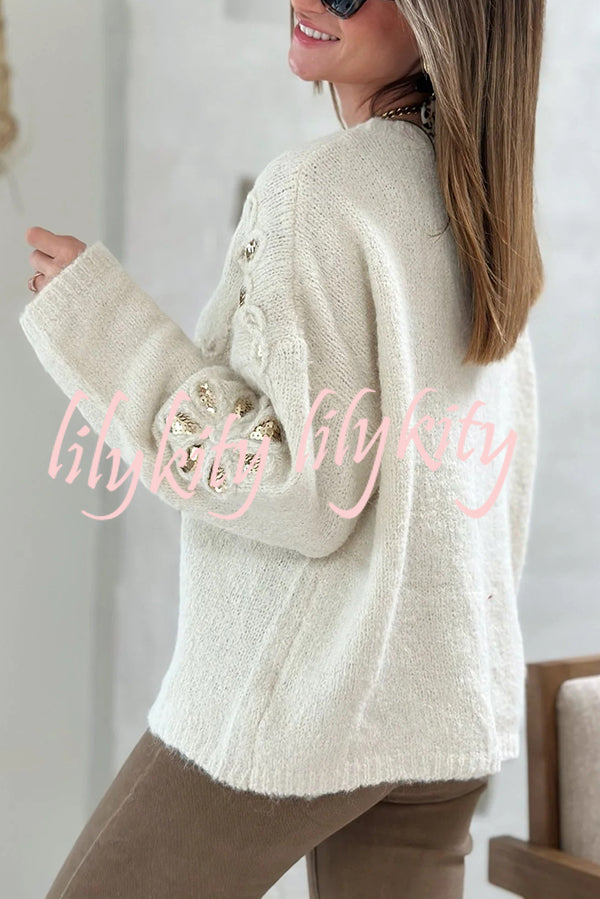 Fashionable Sequined Floral Loose Long-sleeved Knit Sweater