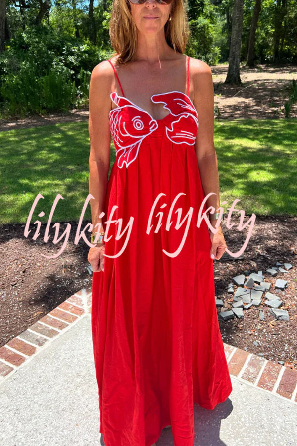 Red Fish Embroidered Sling Backless Maxi Dress