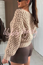 Marin Knit Hollow Texture Tie-up Neck Balloon Sleeve Relaxed Cardigan
