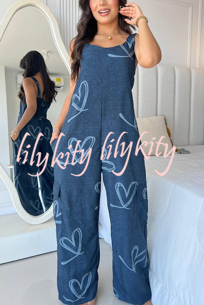 Fashion Cartoon Print Loose Round Neck Back Pleated Casual Pocket Wide Leg Jumpsuit